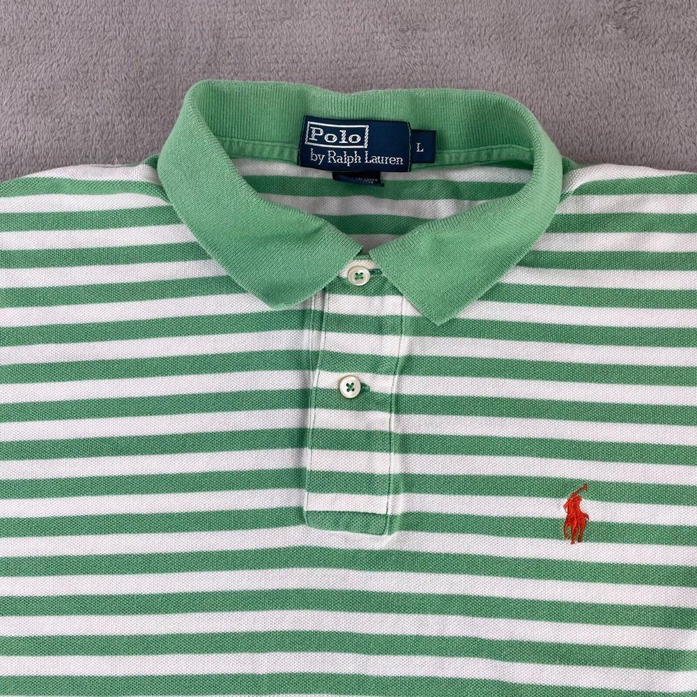 Polo Ralph Lauren Polo Shirt Men Large Green White Striped Short Sleeve Red Pony